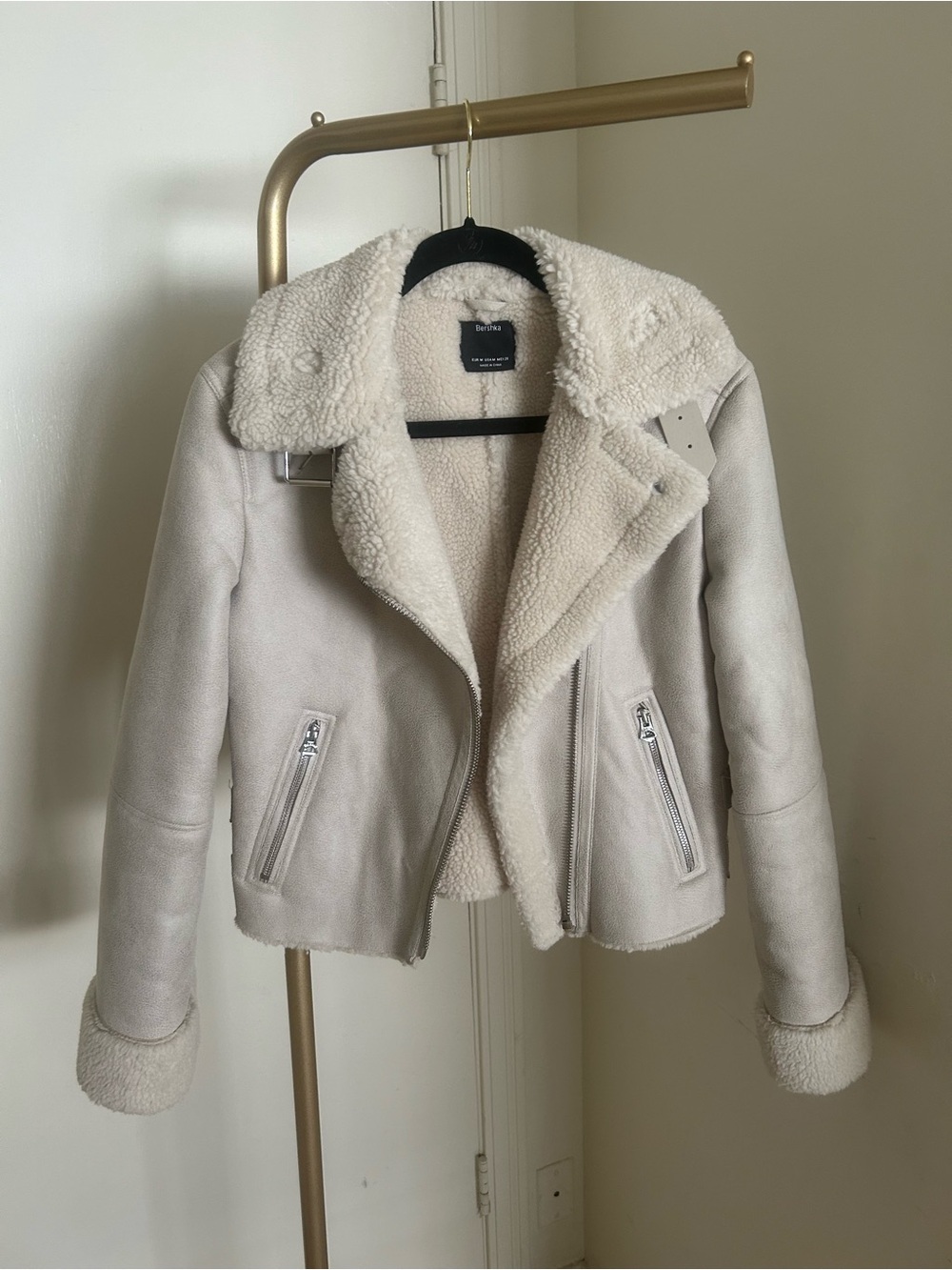 Bershka Cream Sherpa Faux Suede Moto Jacket Shearling Biker Coat Size M